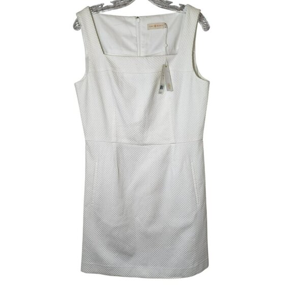 Tory Burch White Textured Sleeveless Sheath Dress Size 12 NWT $275 Cotton Blend - Picture 2 of 7
